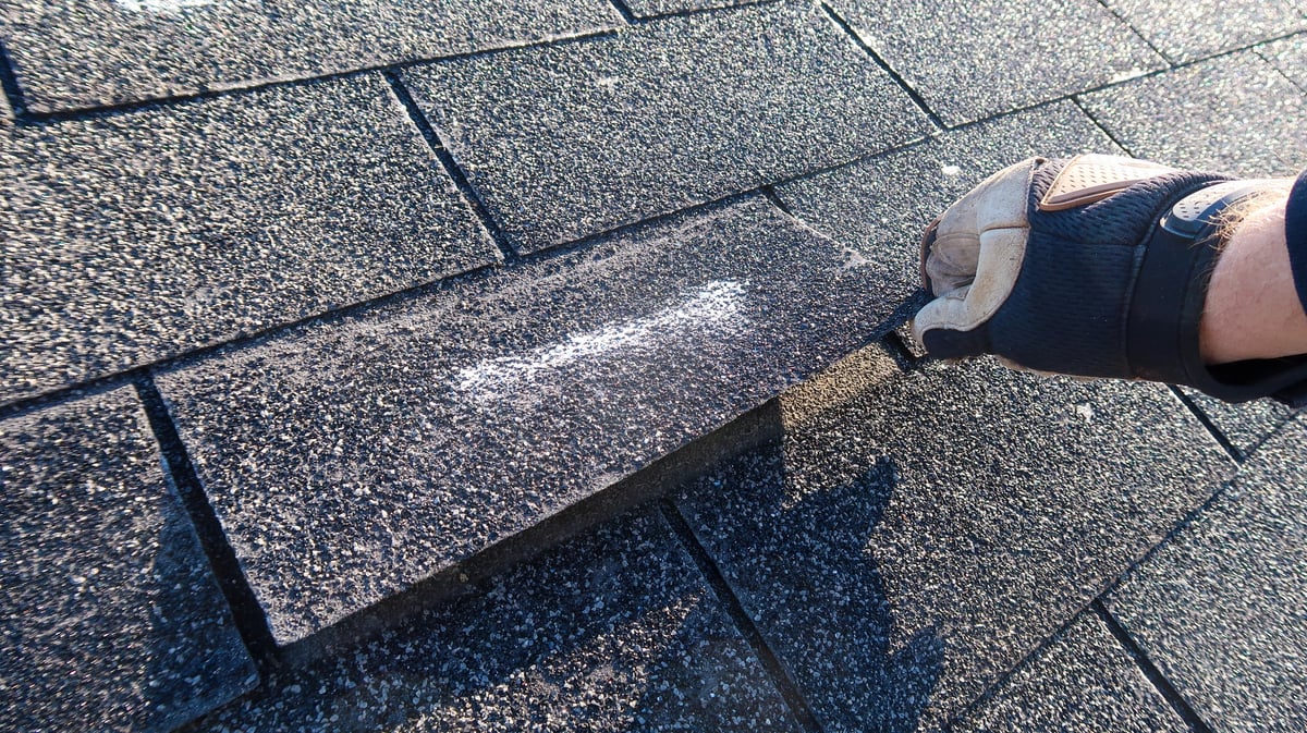 Roofing professional or home inspector performing a maintenance check, lifting asphalt shingle with adhesive bond loss, morning sunlight, wind damage on shingles
